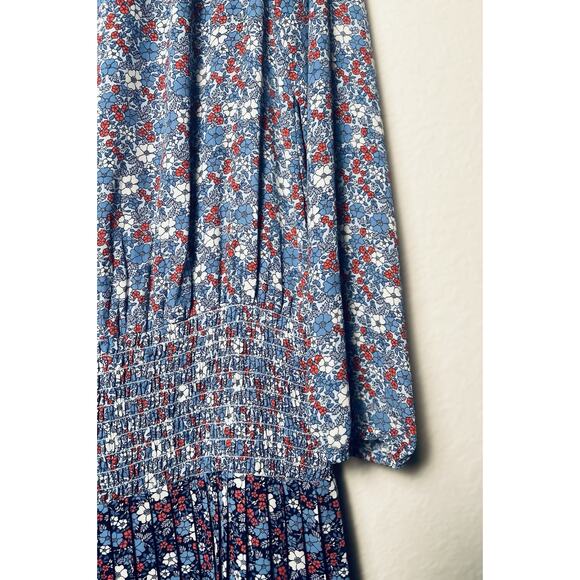Gap Blue Floral Drop Waist Dress S Smock Tie Pleated Western Office Boho Chic - Picture 3 of 11